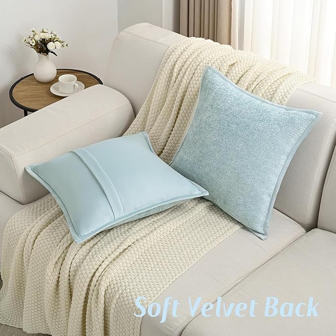 FUTEI Light Blue Chenille Throw Pillow Covers 20x20 Inch Set of 2,Soft Cozy Bound Edge Design Cushion Case,Home Decor for Couch Bed Living Room