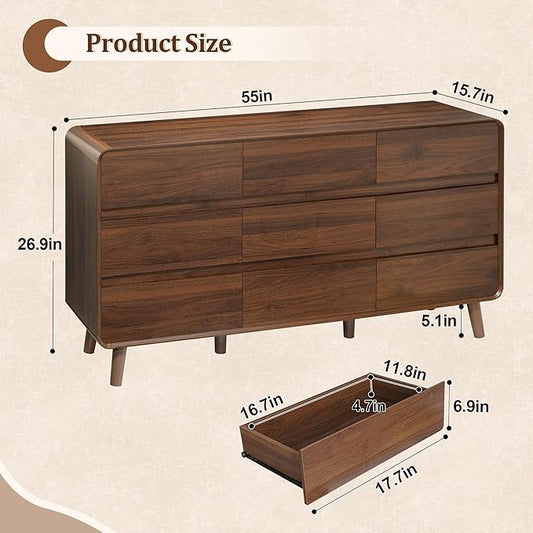 Dressers for Bedroom with 9 Drawer, Mid Century Modern Chests of Drawers, Curved Wooden Bedroom Dresser with Storage Drawer, Wide Dresser for Closet, Living Room, Home Office, Walnut