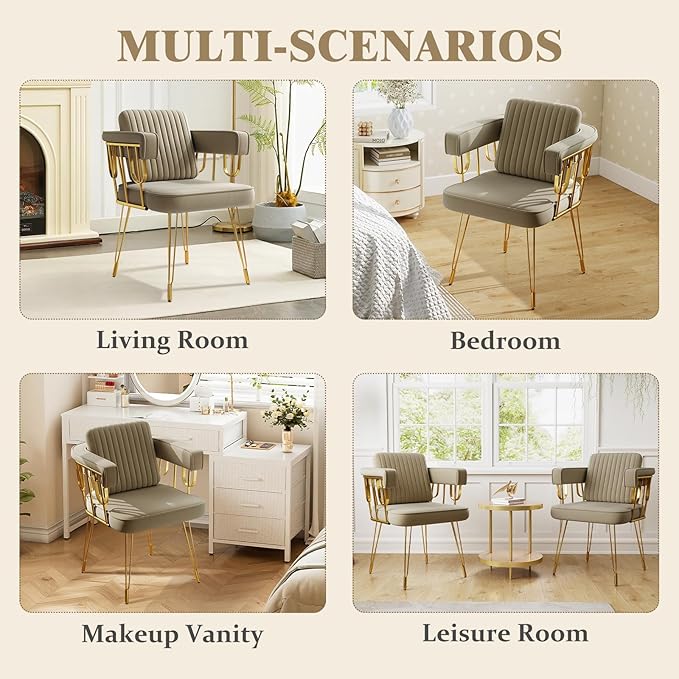 Set of 2 Desk Chair No Wheels Accent Makeup Vanity Chairs with Gold Back & Legs, Velvet Upholstered Armchair with Extra Pillow for Girls Bedroom Dressing Room Nail Salon Living Room, Greyish Brown