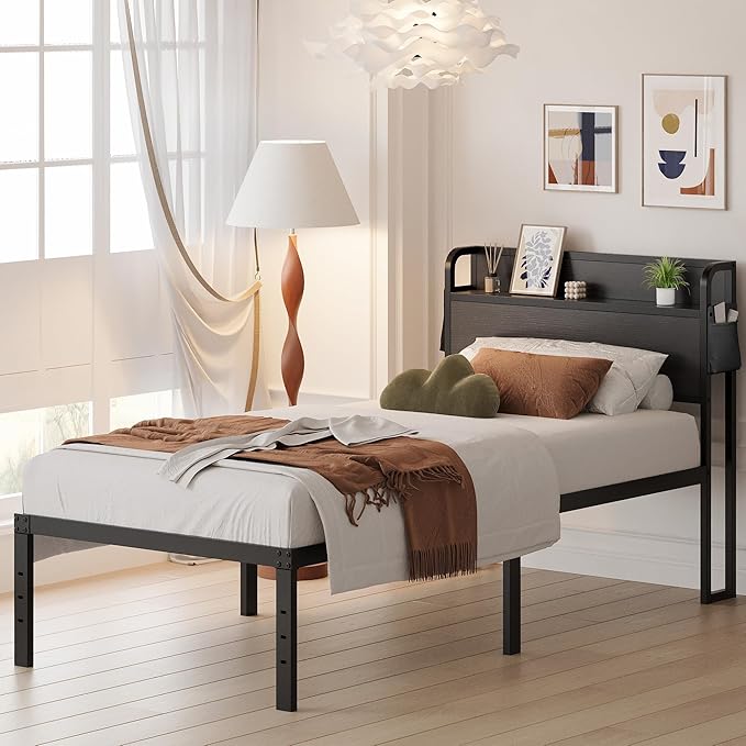 16 Inch Twin XL Bed Frames with Headboard, Metal Bed Frame Twin XL Storage Wood Headboard No Box Spring Needed, Noise Free, Black