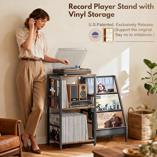 Bikoney Record Player Stand, Turntable Stand with 3-Tier Vinyl Record Storage, Record Player Table 200 Albums, End Table with Vinyl Display Holder Shelf, Record Player Cabinet Media Console for Stereo