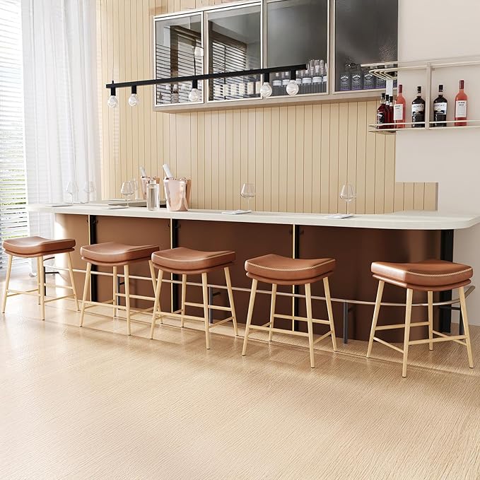 Bar Stools Set of 5, Counter Height Bar Stools with Thick PU Leather Saddle Seat & Sturdy Metal Frame Legs,Backless Bar Stools for Kitchen Island Dining Cafe,Brown