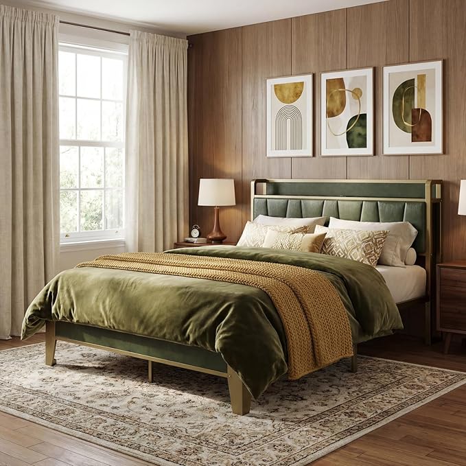 LIKIMIO Full Bed Frame, Storage Headboard with Charging Station, Solid and Stable, Noise Free, No Box Spring Needed, Easy Assembly (Dark Green)