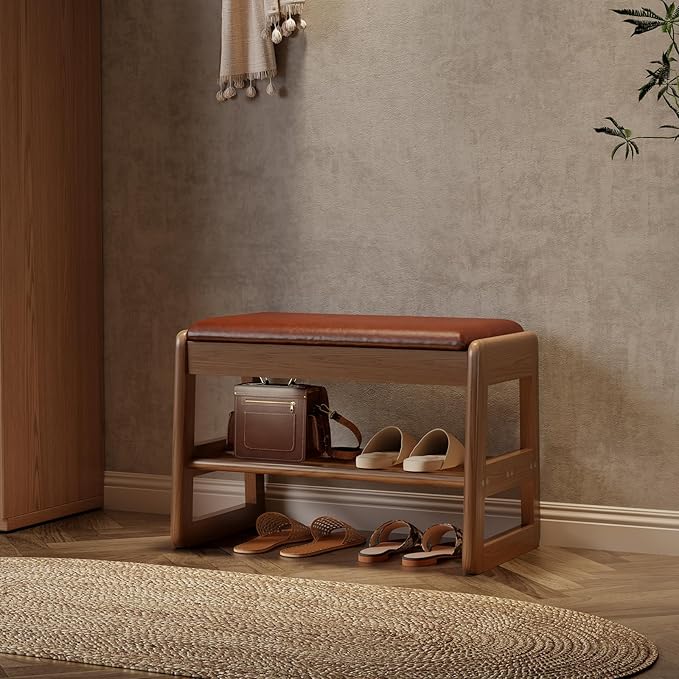 AQIMUELE Small Shoe Rack Bench,2 Tiers Shoe Bench with Storage with Flip-Top,Wood Shoe Rack for Entryway,Hallway(Orange Upholstered Seat)