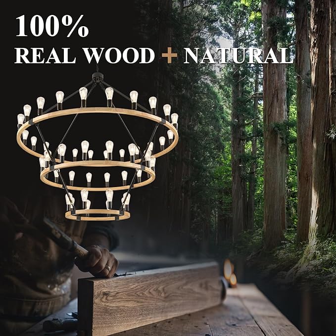 48 Lights 3 Tier Extra Large Wooden Wagon Wheel Chandelier Natural Farmhouse 63'' High Ceiling Black Rustic Round Wood Pendant Light Fixture for Living Room Foyer Villa Staircases