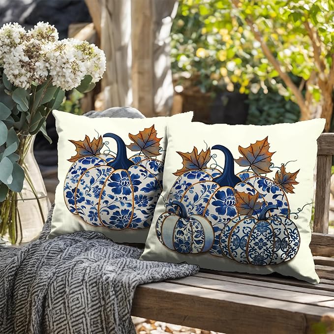 2 Pack Vintage Fall Blue Pumpkin Outdoor Pillow Covers 22x22 Inch Chinoiserie Autumn Thanksgiving Harvest Cushion Cases for Farmhouse Living Room Decor