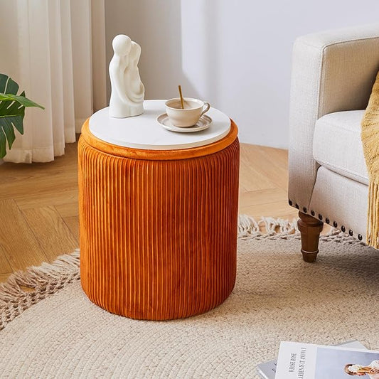 IBUYKE Round Ottoman with Storage Set of 2 Boucle Ottoman End Table for Living Room Vanity Stool Velvet Footrest Stool Bar Stool UWBD005J