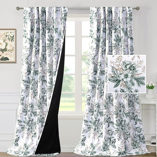 H.VERSAILTEX Vintage Floral Curtains 108 inch Length 2 Panels Set 100% Blackout Drapes for Bedroom Thermal Insulated Back Tab/Rod Pocket Living Room Curtains Sound Proof Drapes, Moss and Wheat