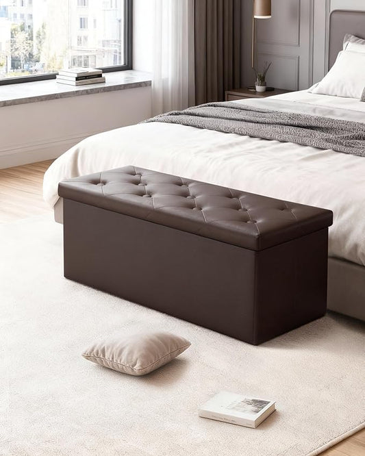 GLAXYFUR Storage Ottoman Bench, 43 Inches Folding Ottoman with 2 Dividers, PU Leather Foot Rest, End of Bed Bench, Storage Chest for Living Room, Bedroom and Entryway, Brown