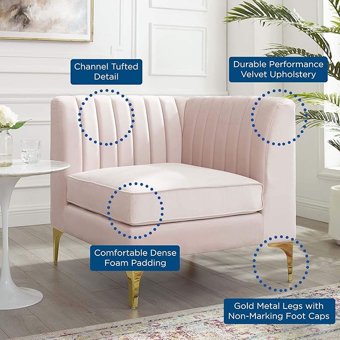Modway EEI-3983-PNK Triumph Channel Tufted Performance Velvet Sectional Sofa Corner Chair, Pink