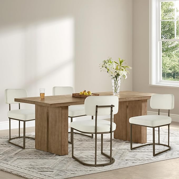 Dining Chairs Set of 6, Upholstered Modern Kitchen Chairs with Ergonomic Backrest, Fabric Cushion Seat & Wire Drawing Metal Legs for Living Room, Restaurant, and CafΓ©, White, 2Boxs