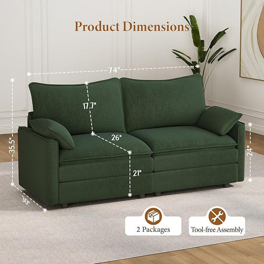 Vesgantti 74" Loveseat Sofa for Living Room, Comfy Cloud Couch Deep Seat Chenille Modern 2 Seater Small Sofa with Armrest Pillow, Easy Assembly for Small Spaces, Green | Sink-in Comfort, Height Adjustable, Easy Rearrangement, Extra-deep Ottoman, Solid ...