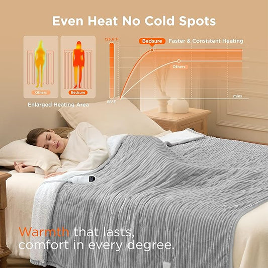 Bedsure GentleSoft Electric Blanket Twin - Soft Ribbed Flannel Heated Blanket, Heating with 10 Time Settings, 6 Heat Settings, and 8 hrs Timer Auto Shut Off, Gifts for Grandma (62"x84", Light Grey)