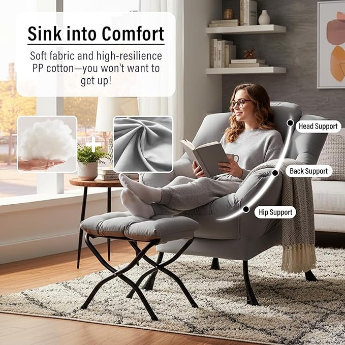 Lazy Chair with Ottoman, Modern Accent Chair with Folding Footrest, Light Grey Sofa Chair Set, Comfortable Reading Chairs, Oversized Armchairs for Bedroom, Study, Living Room, Courtyard
