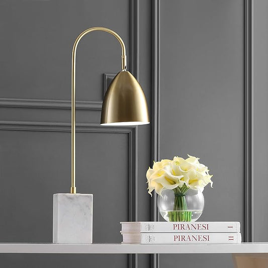 JONATHAN Y 26" Brass Gold Arched Metal Table Lamp with White Marble Base, Modern Glam Desk Lamp for Living Room, Bedroom or Home Office, LED Bulb Included JYL1092A