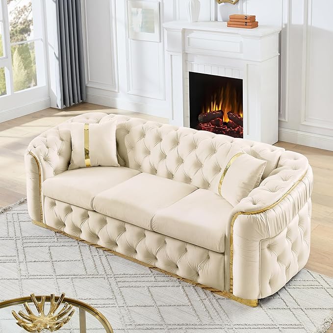 KEIKI 2-Piece Luxury Chesterfield Sofa Set with 2 Oversized Velvet 3-Seater Sofa, Upholstered Modern 6-Seater Button Tufted Couch Set with 4 Pillow, Gold Stainless Decoration, for Living Room, Beige