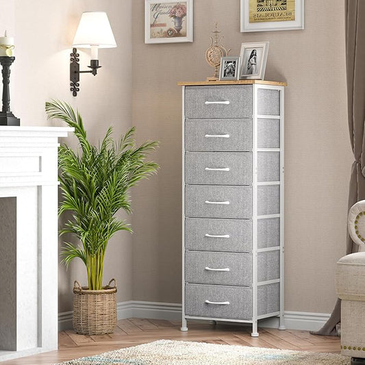 Fixwal Tall Dresser for Bedroom, Storage Dresser Organizer with 7 Fabric Drawers, Nightstand Furniture in Closet, Entryway, Hallway, Light Grey