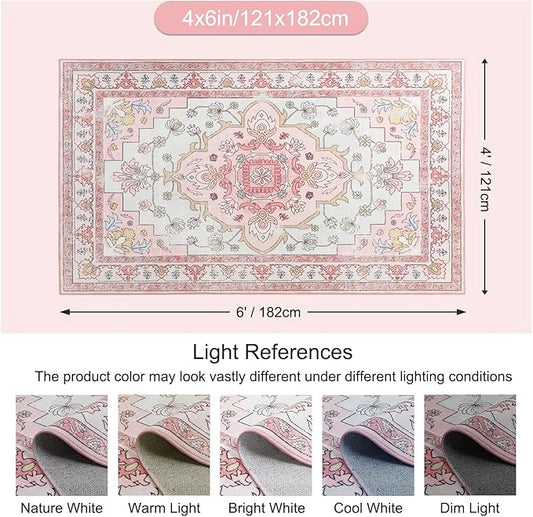 MOSISO 4x6 Area Rug for Living Room, Washable Area Rug, Non-Slip Vintage National Area Rugs, Low Pile Carpet, Faux Wool Rectangular Area Rugs Carpet for Living Room Bedroom Dining Room, Home, Pink