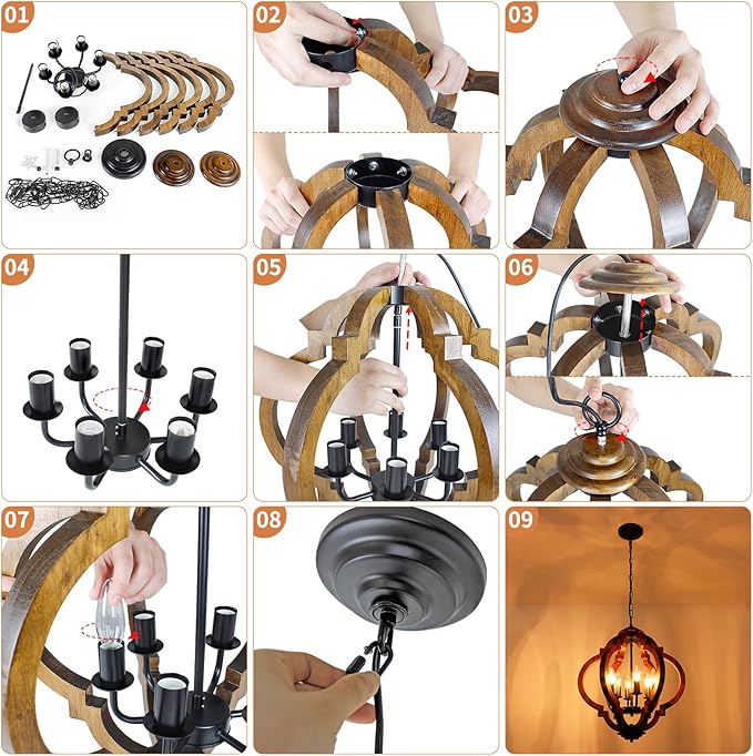 18.5" Farmhouse Chandelier for Dining Room, 6-Light Farmhouse Wood Chandelier, Rustic Dining Room Light Fixture, Rustic Pendant Lighting for Kitchen Island Living Room Bedroom Foyer