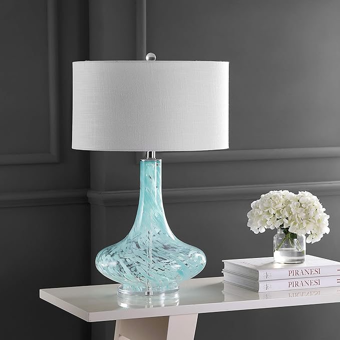 JONATHAN Y 29" Ice Blue Teardrop Glass LED Table Lamp, Contemporary Gourd Lamp with White Linen Drum Shade and Chrome Base for Living Room Bedroom, LED Bulb Included JYL2001A