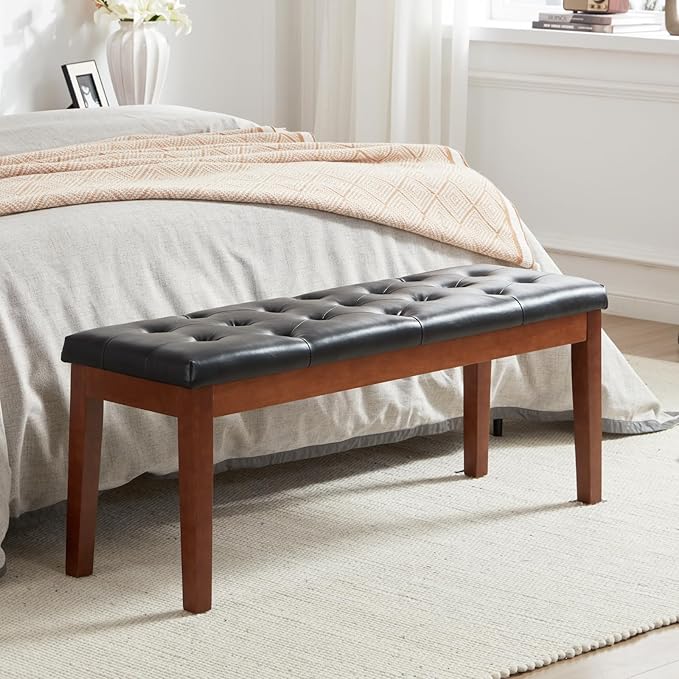 Ottoman Bench Upholstered Padded Seat with Solid Wood Legs and Button-Tufted, Faux Leather Black