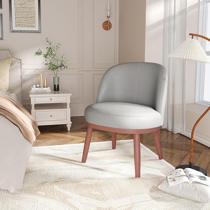 Accent Chair Set of 1, PU Leather Mid-Century Modern Chair for Small Space, Comfy Upholstered Armless Chair, for Living Room, Bedroom, Light Gray