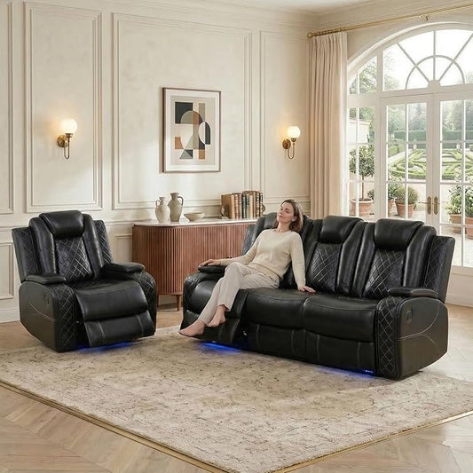 Power Recliner Sofa Set, Air Leather Reclining Couch with LED/Cup Holders/Storage, 2 Pieces Reclining Living Room Furniture, Black Leather Sofa and Chair for House/Apartment/Office