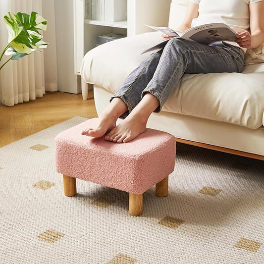 YMYNY Ottoman, Modern Footrest with Soft Padded Seat, Foot Stool with Wood Legs, Small Square Pouf Under Desk for Living Room Bedroom Office 15.74" D×11.41" W×9.84" H Pink UHBD030P