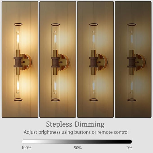 Battery Operated Wall Sconce Set of 2, Gold & Walnut Rechargeable Wall Sconces, Modern Cordless Wall Lights with Remote Control, Dimmable for Living Room, Bedroom, Bathroom, Hallway, Entryway 3000K