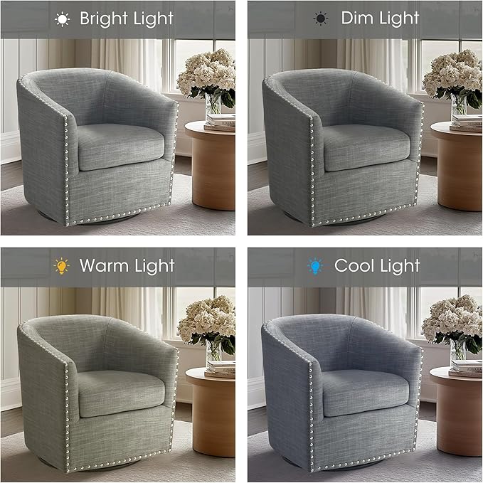 Madison Park Swivel Barrel Accent Chair, Upholstered Curved Back with 7-Inch Thick Woven Cushion, 360° Swivel, Nailhead Trim, Comfy Chair for Living Room, Bedroom, Office, 28" Wide, Grey, Tyler
