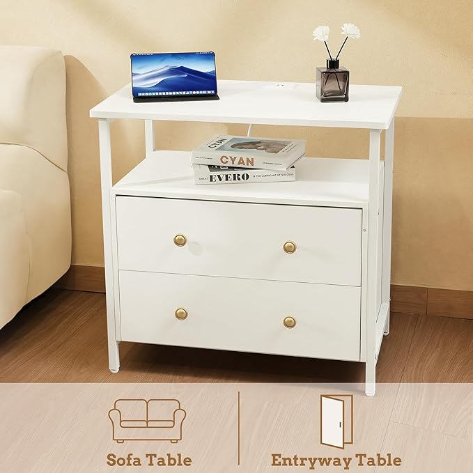 27 inch Wide Night Stand with Charging Station, Bedside Table with Open Shelf, 2 Drawers Small Wood Dresser, Modern Wood Nightstand for Bedroom/Living Room (White)