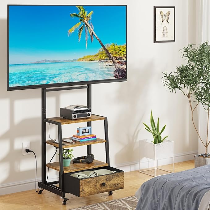Rolling TV Stand with Wheels and Mount & Fabric Drawer for 32-75" TV - Entertainment Center with Power Outlet and Small TV Stand for Bedroom, Living Room - 18" Rustic Brown (VESA 600mm × 400mm)