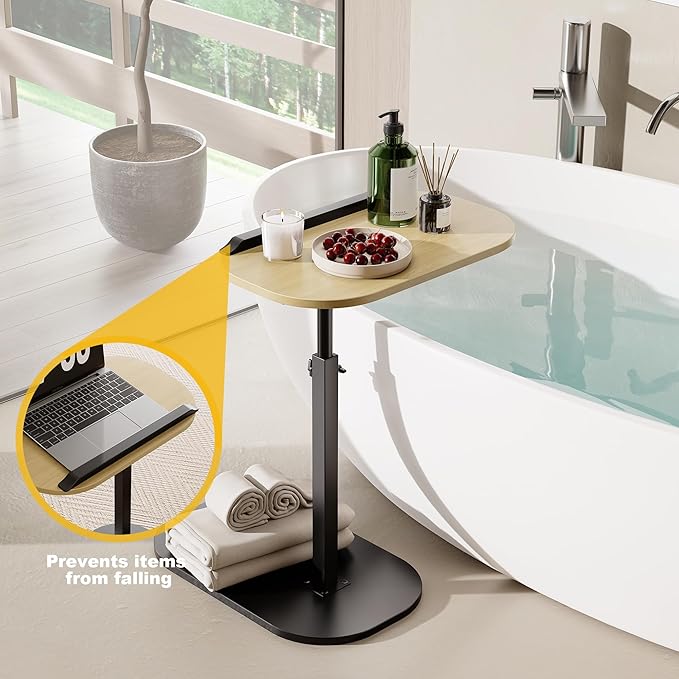 C Shaped End Side Table with Anti-Drop Rod, Adjustable Height & 360° Swivel Snack Table for Couch, Sofa, Bedroom, Living Room, TV Tray Table for Eating, Dinner or Laptop, Small Spaces, Wood
