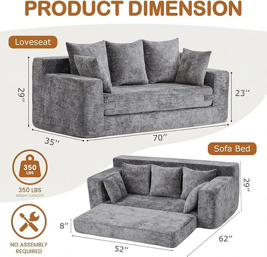 Convertible Sofa Bed, 5 in 1 Small Boneless Couch Pull Out Loveseat Sleeper Sofa,Corduroy Futon Couch Folding Mattress with 4 Pillows for Living Room Bedroom Lounge (Light Gray, 3 Seater)