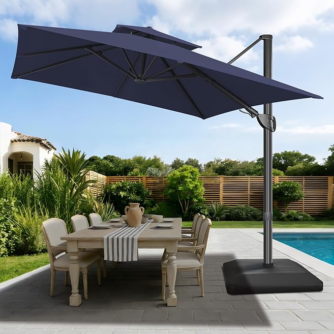 FLAME&SHADE 10x10 FT Cantilever Patio Umbrella - Aluminum Offset Umbrella with Tilt & 360-Degree Rotation, 3 Years Fade Resistance Fabric Large Patio Umbrella Outdoor for Deck Pool Garden - Navy Blue