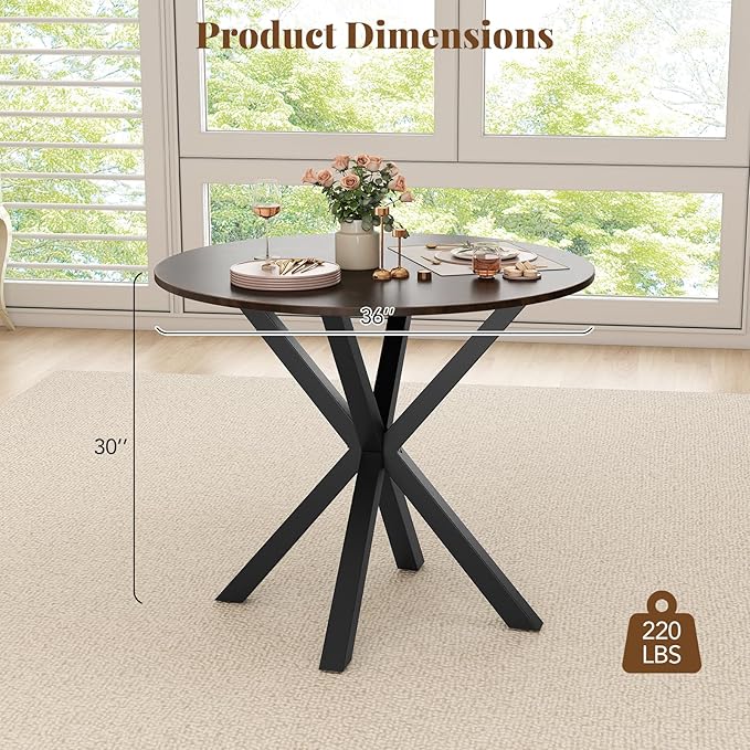 Moccha 36" Round Dining Table for 4 - Rubber Wood Kitchen Table with Intersecting Trestle Legs, Vintage Bar Table, Farmhouse Dining Room Tables for Dinette, Small Space, Restaurant, Bistro (Brown)