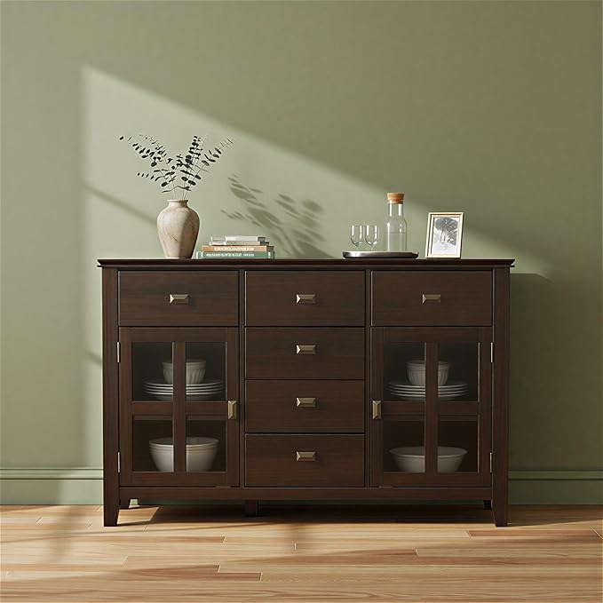 SIMPLIHOME Artisan Buffet - 54 inch Wide Solid Wood 3-Door Sideboard Buffet in Dark Chestnut Brown, Transitional Storage Cabinet for Dining Room or Kitchen with Adjustable Shelves and Bronze Hardware