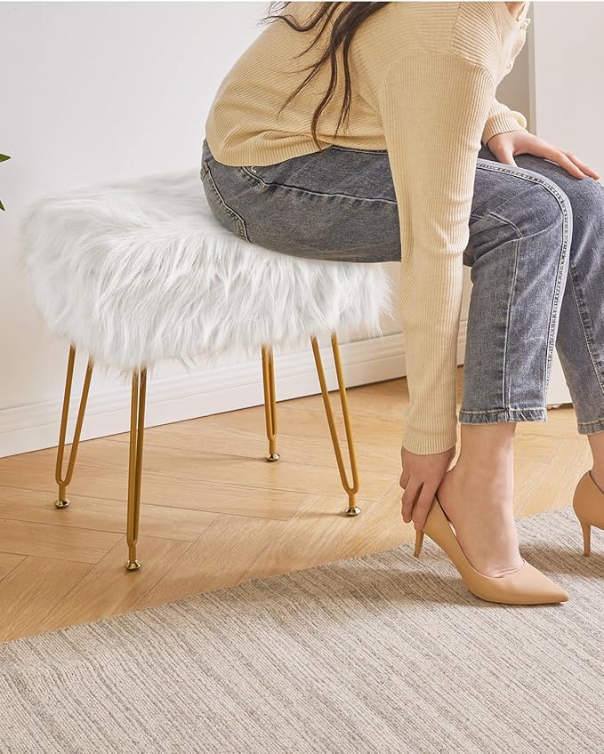 IBUYKE Rectangular Faux Fur Vanity Stool with Storage, Furry Makeup Chair Ottoman, Soft Padded Seat, Round Footrest Footstools with 4 Metal Legs, for Living Room Bedroom Entryway, White WBD022W