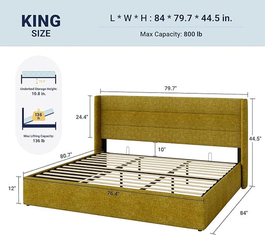Allewie King Size Lift Up Storage Bed, Modern Wingback Headboard, Hydraulic Support, No Box Spring Needed, Olive Yellow
