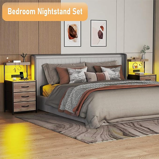 Night Stand Set 2 with LED Lights for Bedroom, Bedside Nightstands with Power Outlet and Type C Port, Matching Tables with 3 Fabric Drawers, Hooks, and Shelves, Greige
