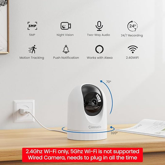 Cinnado Security Camera Indoor-2K 360° WiFi Cameras for Home Security,Pet/Dog/Baby Camera with Phone app, 2-Way Audio, Night Vision, 24/7 SD Card Storage, Works with Alexa & Google Home (2.4Ghz)-D1