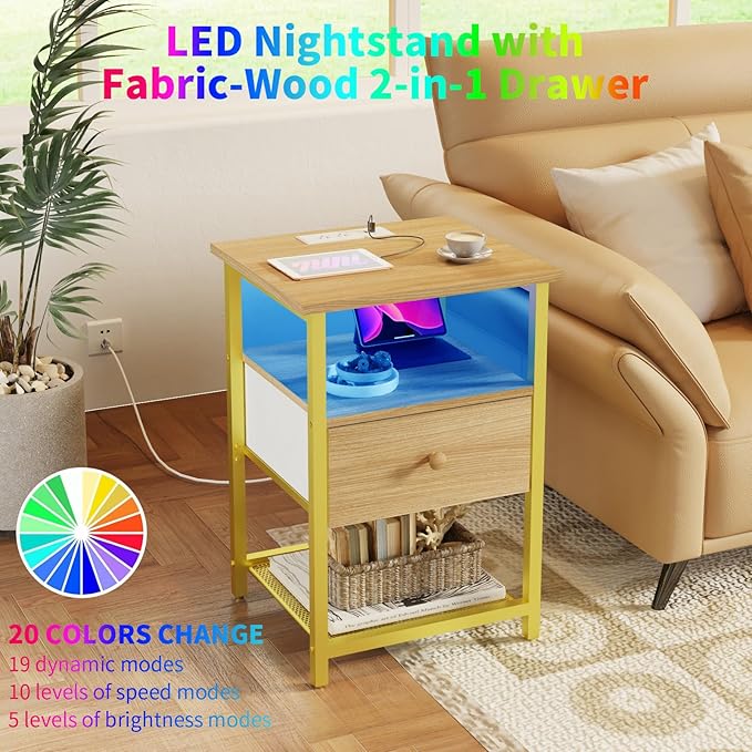 LED Nightstands Set of 2 with Charging Station, Bedside Tables with USB Ports and Outlets, End Table with Fabric-Wood 2-in-1 Drawer for Small Spaces, Wooden Color Side Table for Bedroom