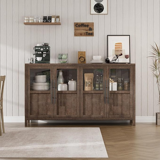 GarveeHome Sideboard Buffet Cabinet with 4 Glass Doors, 55 in Buffet Table Coffee Bar Wine Bar Display Cabinet for Kitchen Dining Room, Living Room (Glass with 4 Doors, Brown)