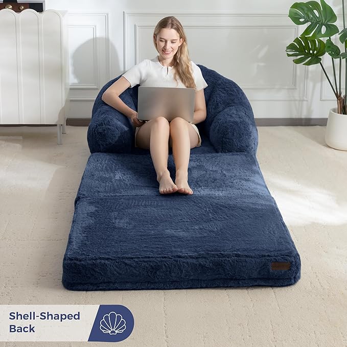 MAXYOYO Folding Sofa Bed, 2 in 1 Convertible Sofa to Lounger Comfy Single Bean Bag Chair for Adults, Floor Sleeper Couch with Handle, Faux Fur Couch Bed for Living Room Bedroom, Navy