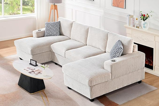 Ball & Cast 124" U-Shaped Sectional Sofa Couches for Living Room with Double Chaise,Cup Holders & Pillows,4 Seat Striped Corduroy Upholstered Modern Modular Sectional Sofa Set,for Home,Office,Beige