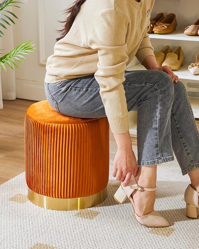 IBUYKE Round Storage Ottoman Set of 2 Ottoman for Dorm Vanity Stool with Storage Velvet FootStools End Table Boucle Ottoman for Home Organization Orange UWBD016J