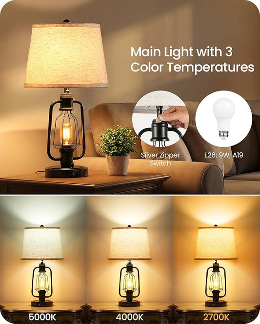 Farmhouse Table Lamps Set of 2, Industrial Bedside Table Lamps with USB Ports, Rustic Vintage Nightstand Desk Lamps for Living Room, Bedroom, 4 Bulbs Included, Beige and Black E14TLP205