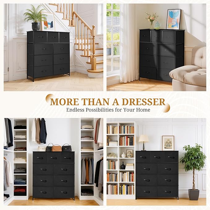 Dresser with 9 Drawers for Bedroom, Fabric Clothes Cabinet for Closet, Anti-Tip Storage Dresser with Metal Frame for Living Room, Entryway, Dorm, Black