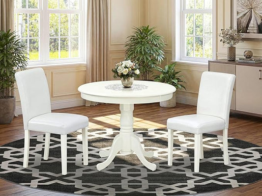 East West Furniture ANAB3-LWH-64 3 Piece Modern Dining Table Set Contains a Round Kitchen Table with Pedestal and 2 White Faux Leather Upholstered Chairs, 36x36 Inch, Linen White