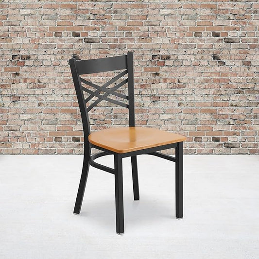 Flash Furniture 2 Pack HERCULES Series Black ''X'' Back Metal Restaurant Chair - Natural Wood Seat